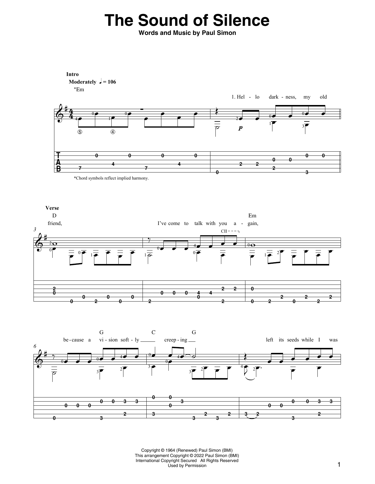 Download Simon & Garfunkel The Sound Of Silence (arr. Ben Pila) Sheet Music and learn how to play Solo Guitar PDF digital score in minutes