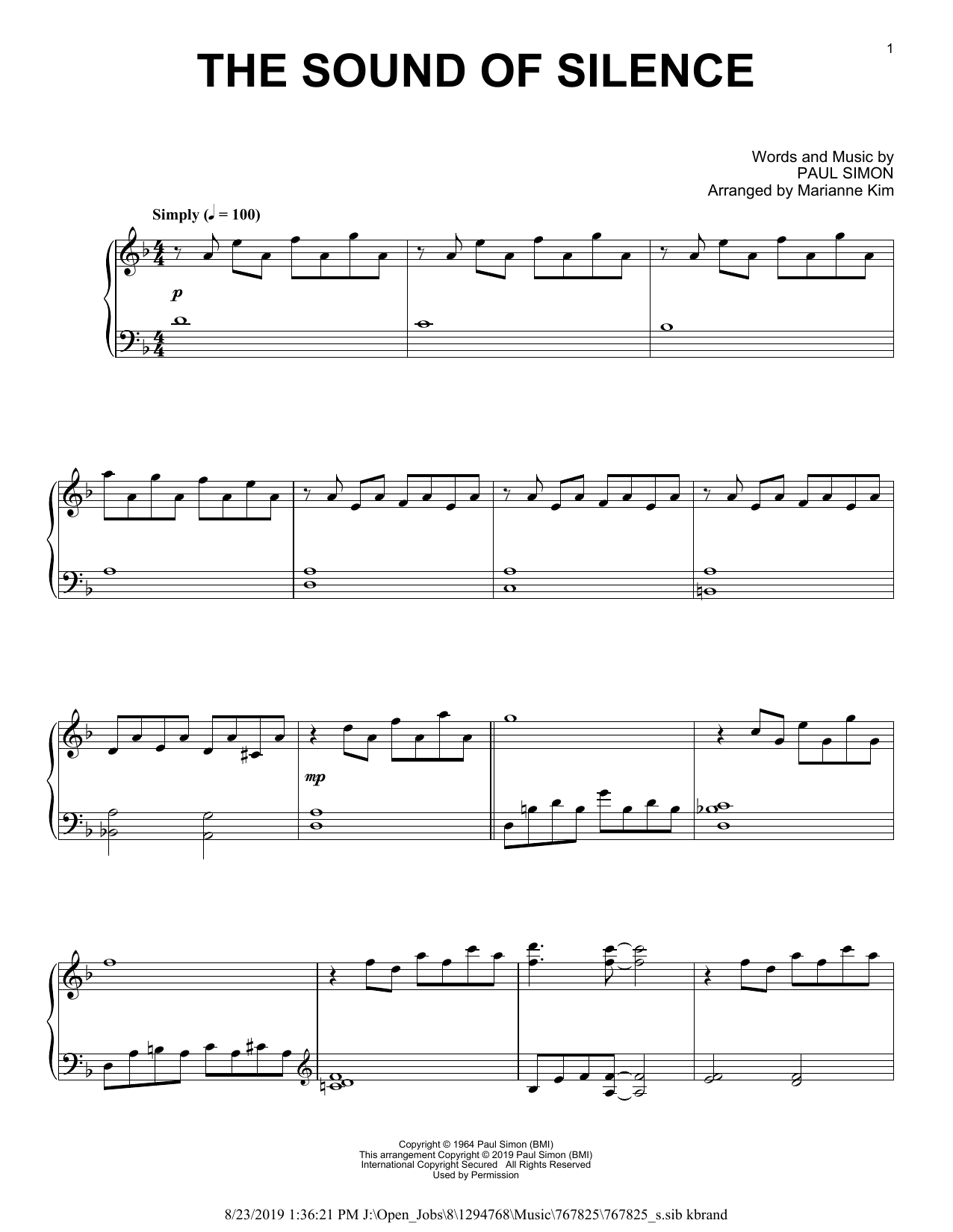 Download Simon & Garfunkel The Sound Of Silence (arr. Marianne Kim) Sheet Music and learn how to play Piano Solo PDF digital score in minutes