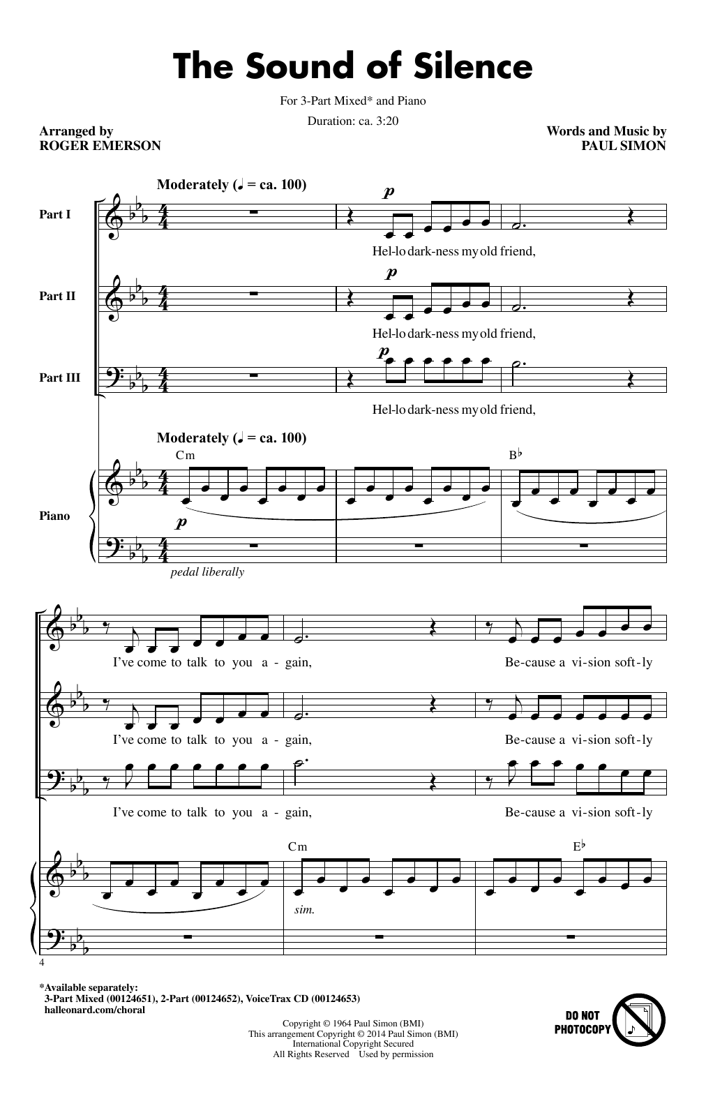 Download Roger Emerson The Sound Of Silence Sheet Music and learn how to play 3-Part Mixed PDF digital score in minutes