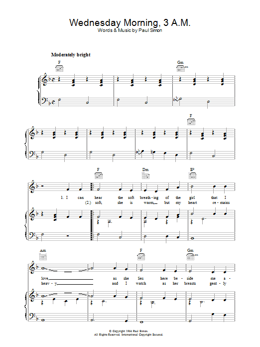 Download Simon & Garfunkel Wednesday Morning, 3 A.M. Sheet Music and learn how to play Lyrics & Chords PDF digital score in minutes