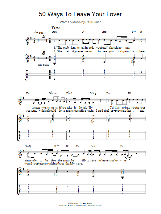 Download Paul Simon Fifty Ways To Leave Your Lover Sheet Music and learn how to play Guitar Tab PDF digital score in minutes