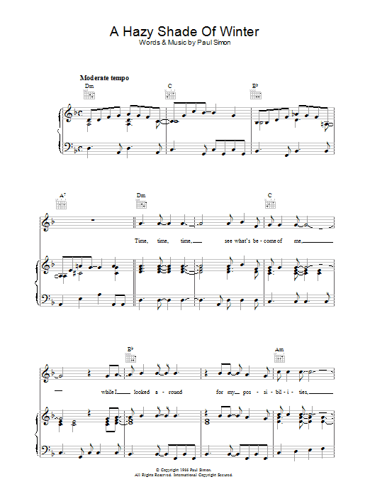 Download Simon & Garfunkel A Hazy Shade Of Winter Sheet Music and learn how to play Piano, Vocal & Guitar (Right-Hand Melody) PDF digital score in minutes