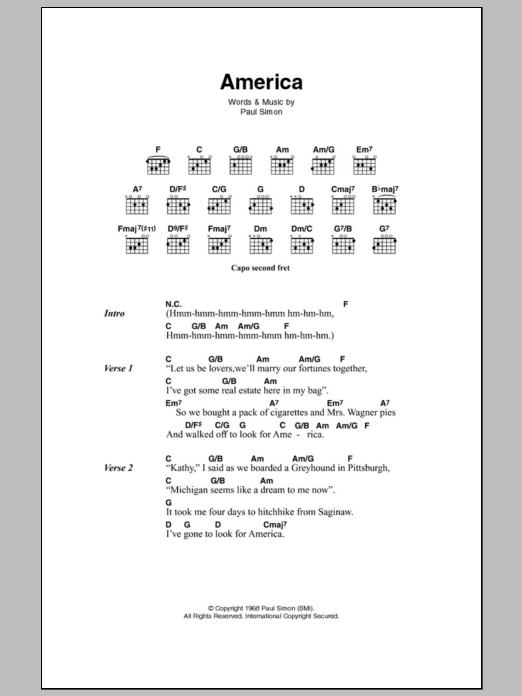 Download Simon & Garfunkel America Sheet Music and learn how to play Lyrics & Chords PDF digital score in minutes