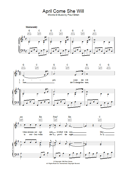 Download Simon & Garfunkel April Come She Will Sheet Music and learn how to play Piano, Vocal & Guitar (Right-Hand Melody) PDF digital score in minutes