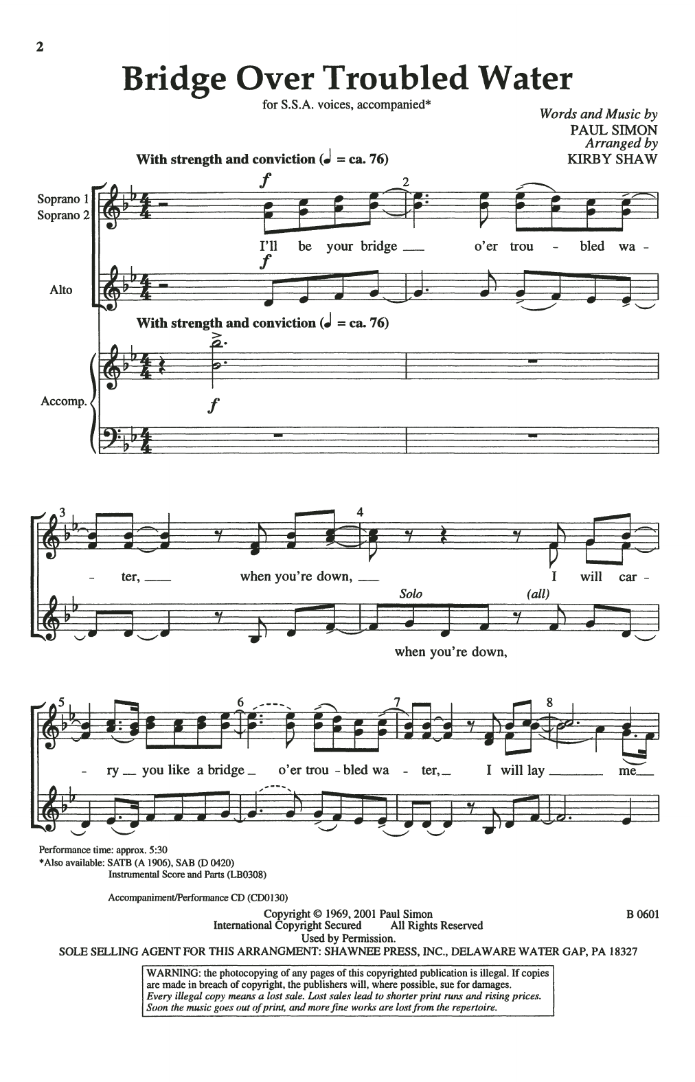 Download Simon & Garfunkel Bridge Over Troubled Water (arr. Kirby Shaw) Sheet Music and learn how to play TTBB Choir PDF digital score in minutes