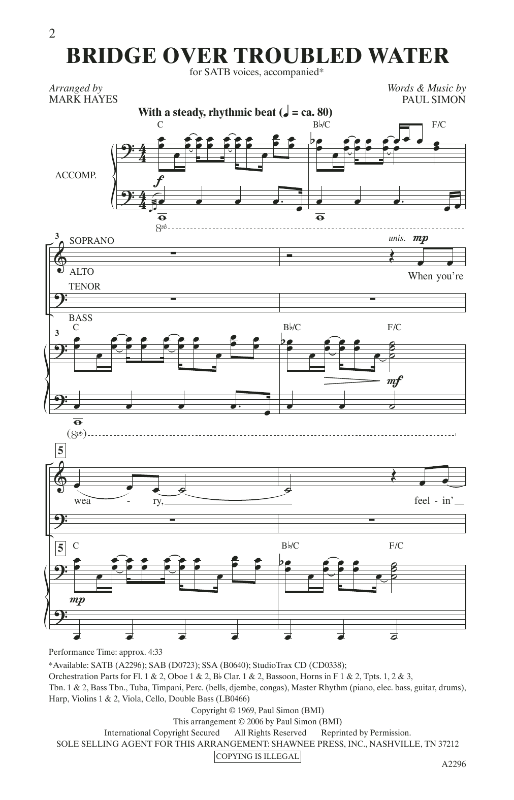 Download Simon & Garfunkel Bridge Over Troubled Water (arr. Mark Hayes) Sheet Music and learn how to play SATB Choir PDF digital score in minutes