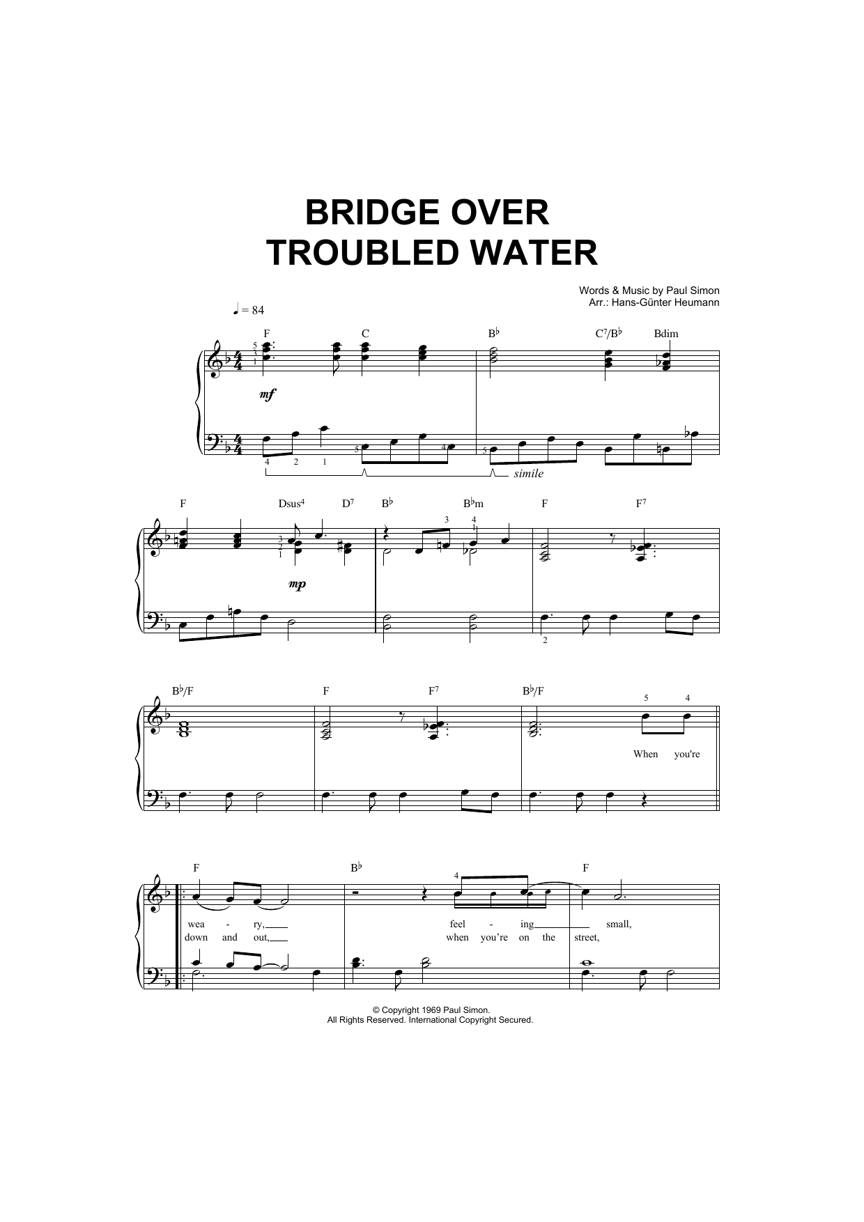 Download Simon & Garfunkel Bridge Over Troubled Water Sheet Music and learn how to play Piano & Vocal PDF digital score in minutes
