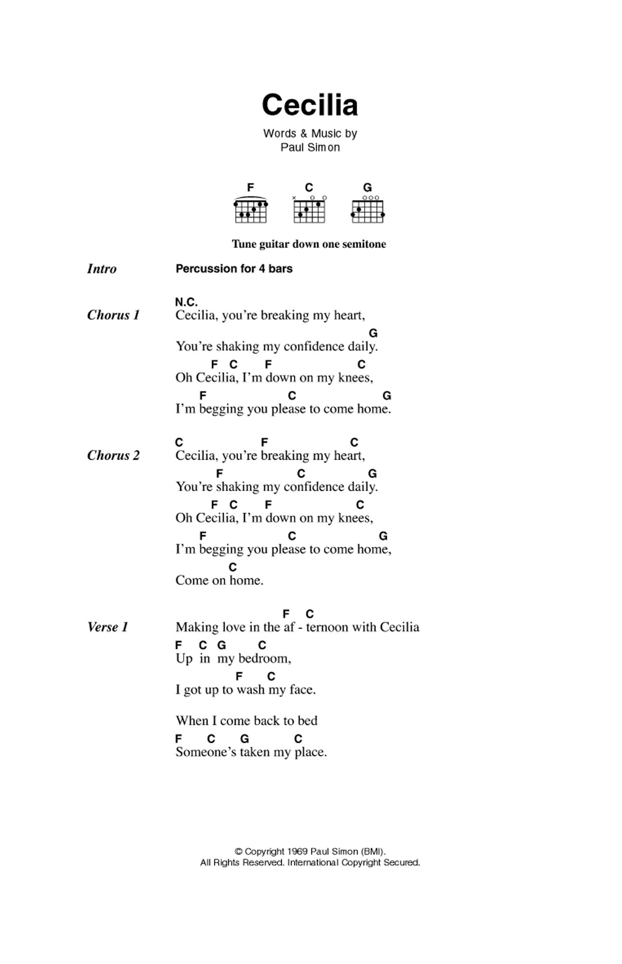 Download Simon & Garfunkel Cecilia Sheet Music and learn how to play Lyrics & Chords PDF digital score in minutes