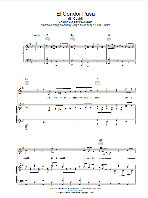 Download Simon & Garfunkel El Condor Pasa (If I Could) Sheet Music and learn how to play Piano, Vocal & Guitar (Right-Hand Melody) PDF digital score in minutes