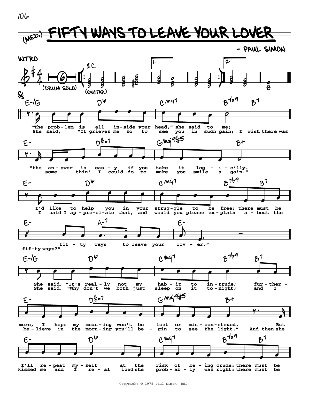 Download Simon & Garfunkel Fifty Ways To Leave Your Lover Sheet Music and learn how to play Real Book – Melody, Lyrics & Chords PDF digital score in minutes