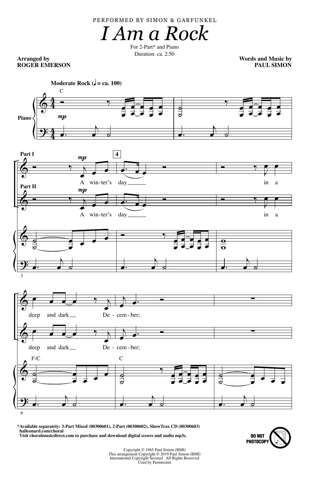 Download Simon & Garfunkel I Am A Rock (arr. Roger Emerson) Sheet Music and learn how to play 2-Part Choir PDF digital score in minutes