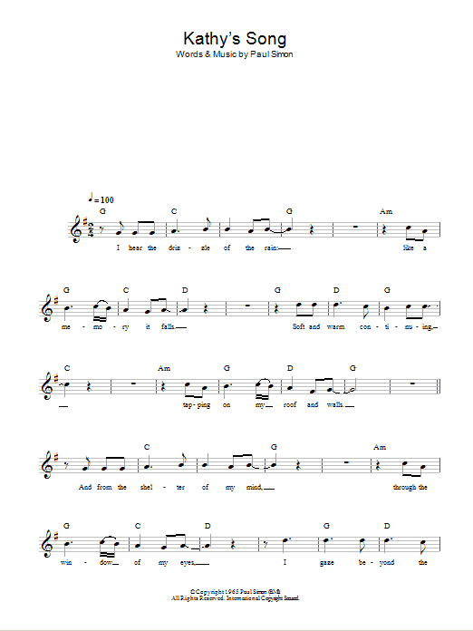 Download Simon & Garfunkel Kathy's Song Sheet Music and learn how to play Piano, Vocal & Guitar (Right-Hand Melody) PDF digital score in minutes