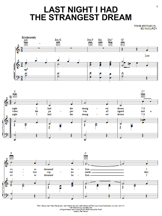 Download Simon & Garfunkel Last Night I Had The Strangest Dream Sheet Music and learn how to play Piano, Vocal & Guitar (Right-Hand Melody) PDF digital score in minutes