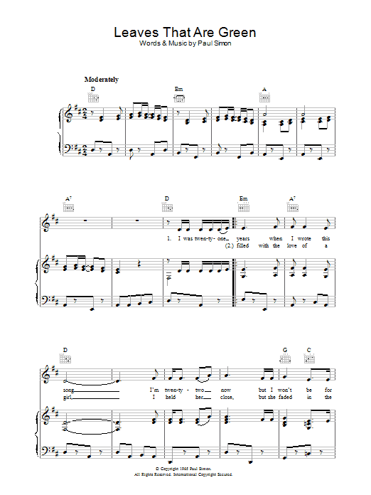 Download Simon & Garfunkel Leaves That Are Green Sheet Music and learn how to play Piano, Vocal & Guitar (Right-Hand Melody) PDF digital score in minutes