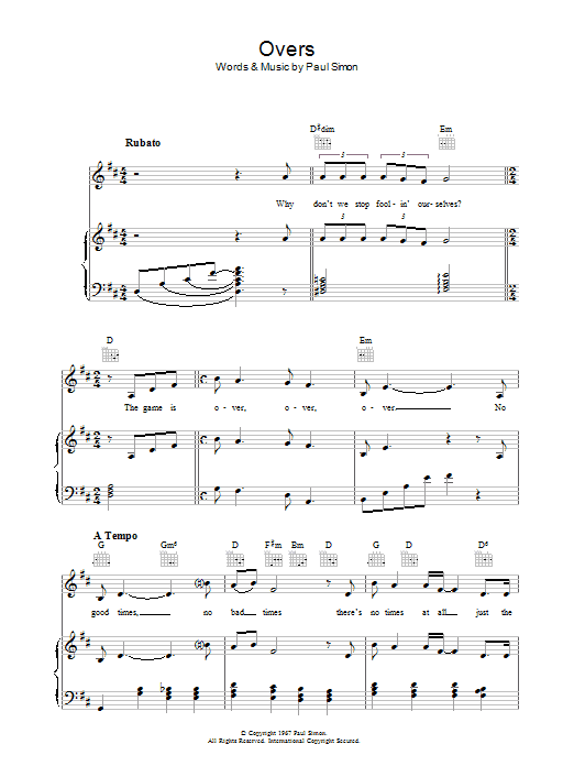 Download Simon & Garfunkel Overs Sheet Music and learn how to play Piano, Vocal & Guitar (Right-Hand Melody) PDF digital score in minutes