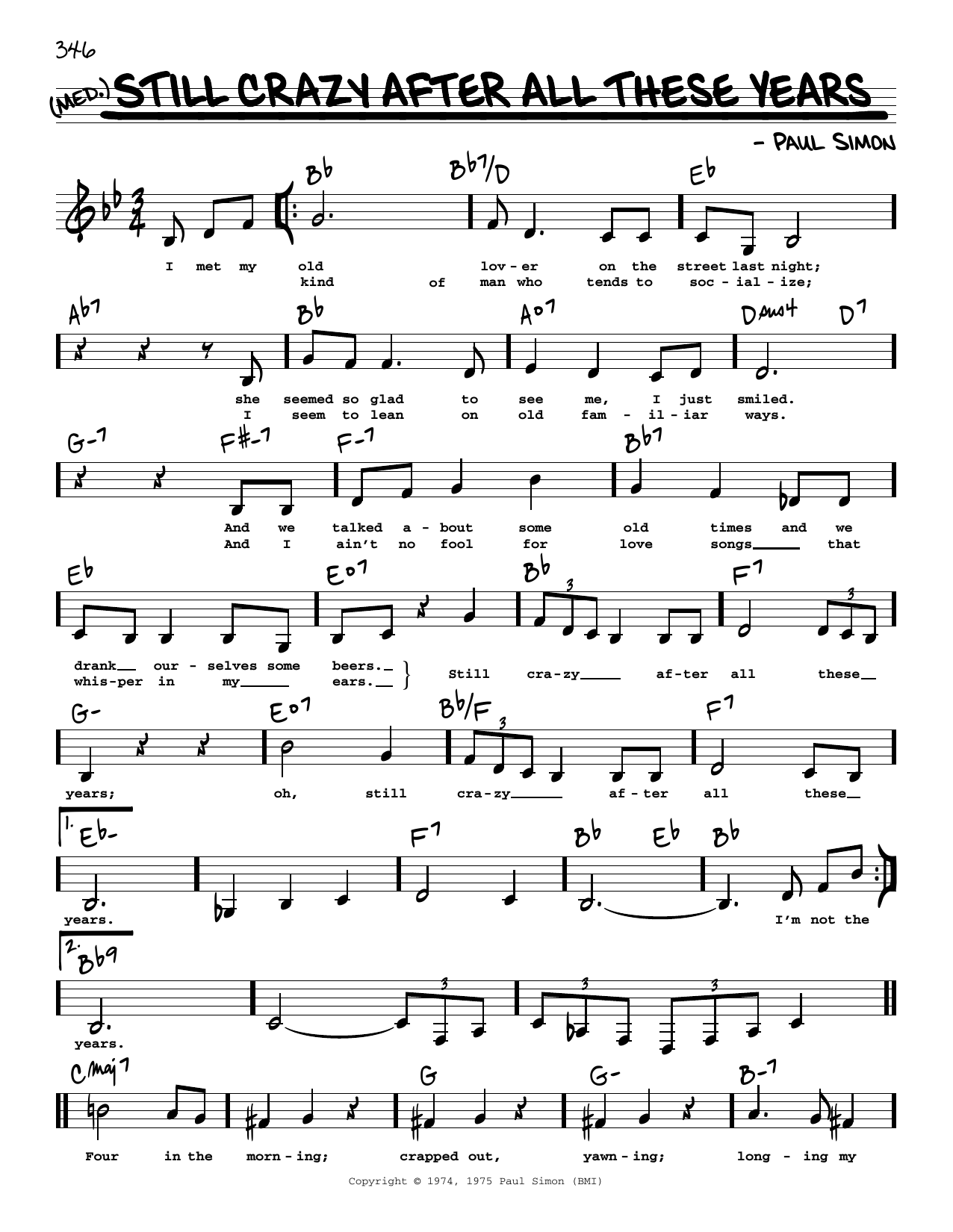 Download Simon & Garfunkel Still Crazy After All These Years (Low Voice) Sheet Music and learn how to play Real Book – Melody, Lyrics & Chords PDF digital score in minutes