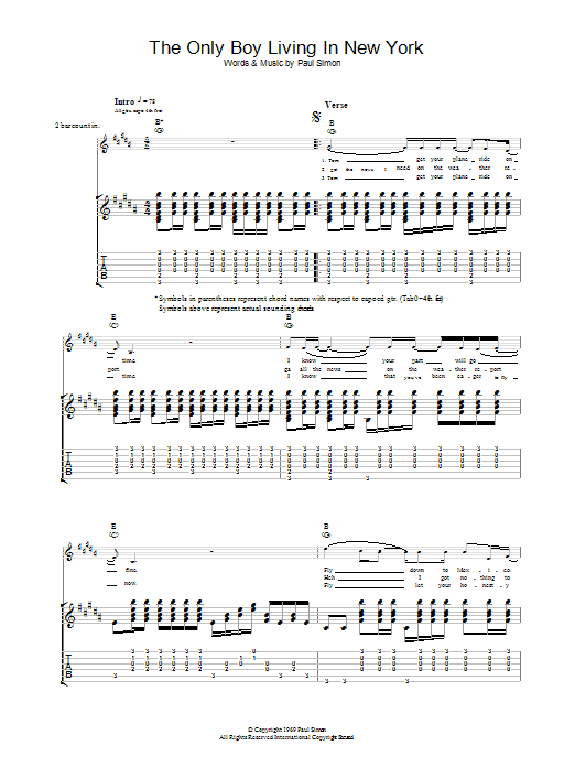 Download Simon & Garfunkel The Only Living Boy In New York Sheet Music and learn how to play Guitar Tab PDF digital score in minutes