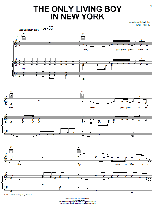 Download Simon & Garfunkel The Only Living Boy In New York Sheet Music and learn how to play Piano, Vocal & Guitar (Right-Hand Melody) PDF digital score in minutes