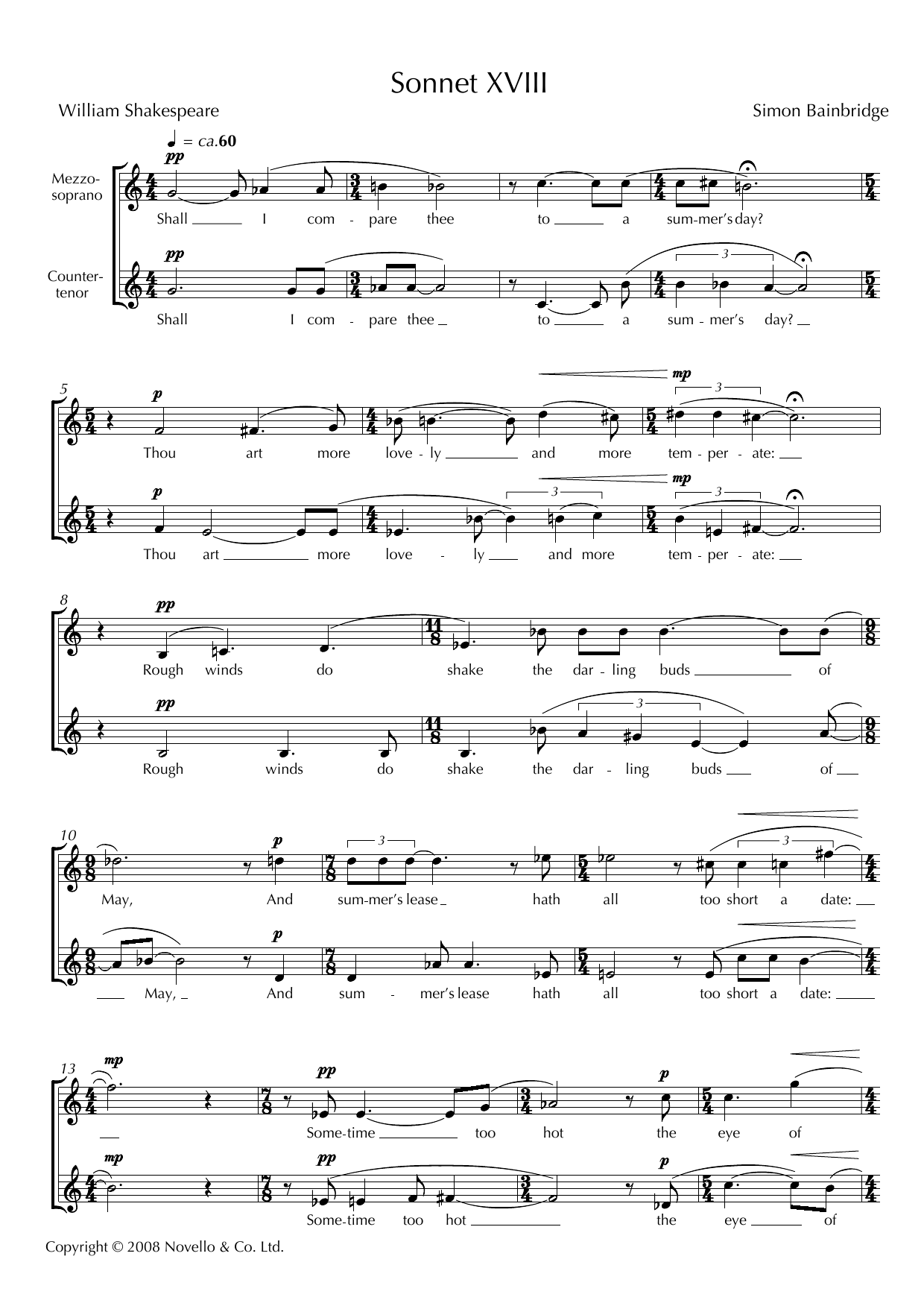 Download Simon Bainbridge Sonnet XVIII (for mezzo-soprano & counter-tenor) Sheet Music and learn how to play Piano & Vocal PDF digital score in minutes