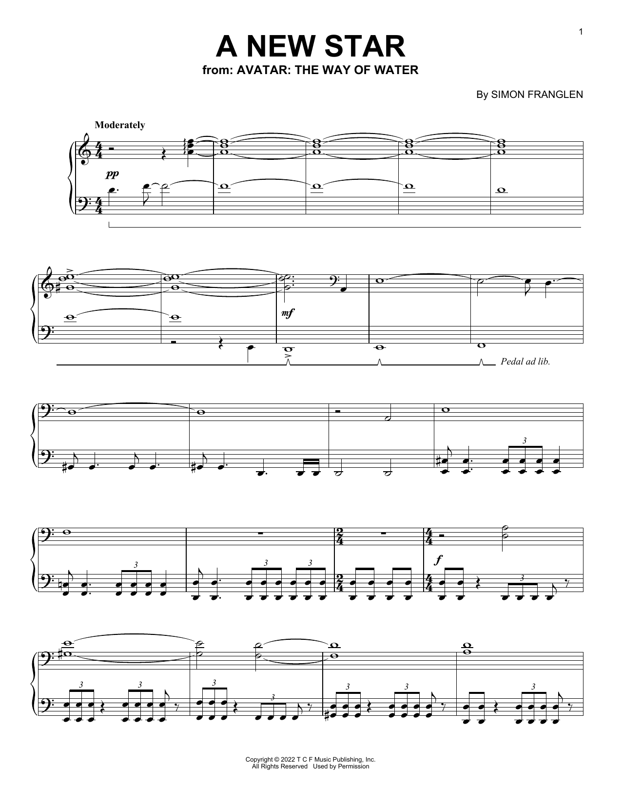 Download Simon Franglen A New Star (from Avatar: The Way Of Water) Sheet Music and learn how to play Piano Solo PDF digital score in minutes