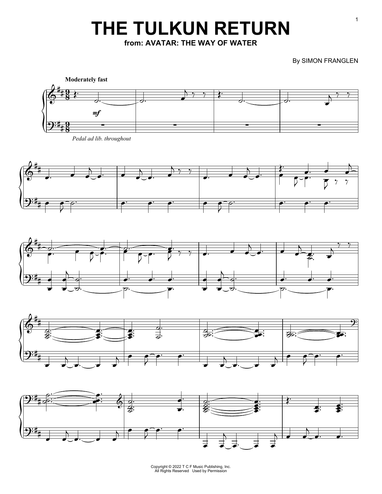 Download Simon Franglen The Tulkin Return (from Avatar: The Way Of Water) Sheet Music and learn how to play Piano Solo PDF digital score in minutes