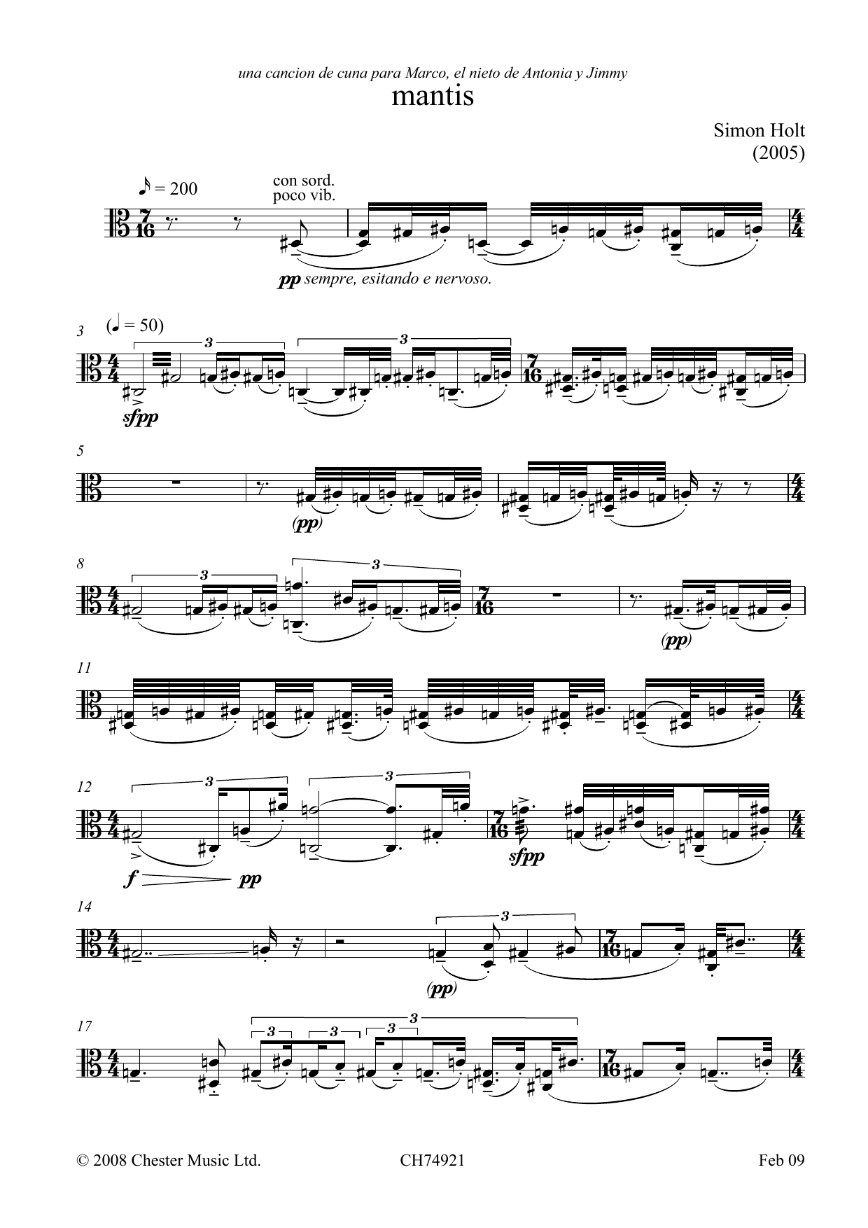 Download Simon Holt Mantis (for solo viola) Sheet Music and learn how to play Viola PDF digital score in minutes