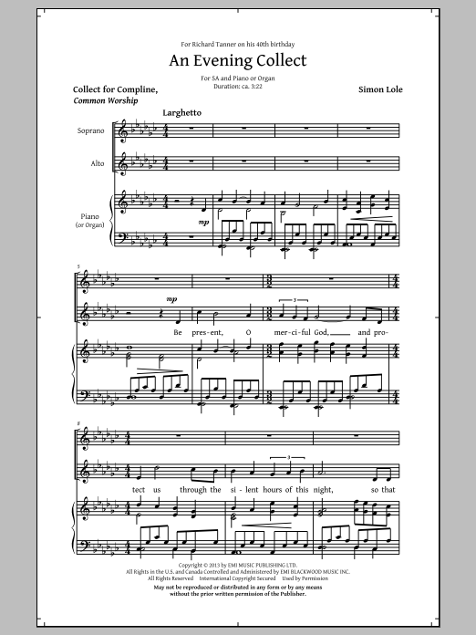 Download Simon Lole An Evening Collect Sheet Music and learn how to play 2-Part Choir PDF digital score in minutes