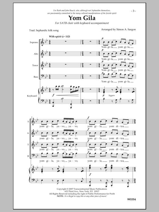 Download Simon Sargon Yom Gila Sheet Music and learn how to play SATB Choir PDF digital score in minutes