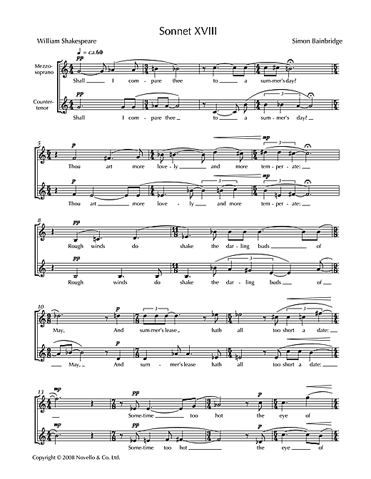 Download Simon Bainbridge Sonnet XVIII (for mezzo-soprano & counter-tenor) Sheet Music and learn how to play Piano & Vocal PDF digital score in minutes