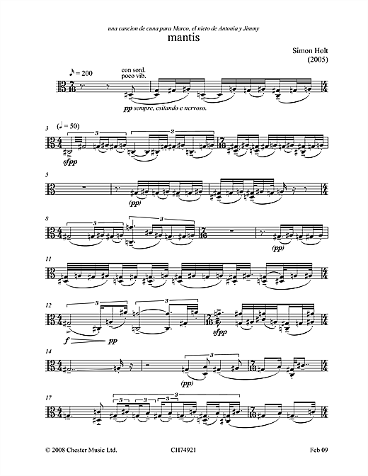 Download Simon Holt Mantis (for solo viola) Sheet Music and learn how to play Viola PDF digital score in minutes