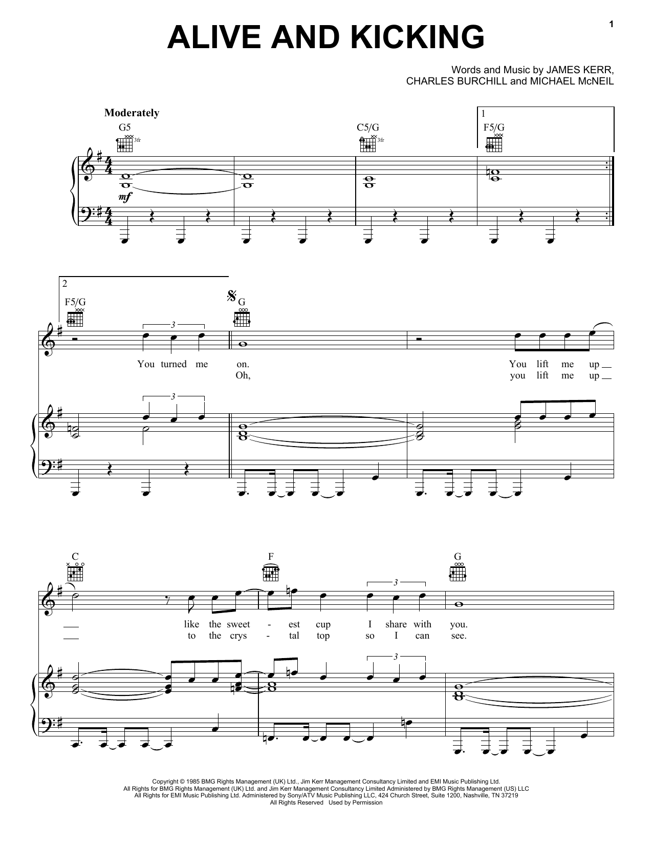 Download Simple Minds Alive And Kicking Sheet Music and learn how to play Piano, Vocal & Guitar Chords (Right-Hand Melody) PDF digital score in minutes