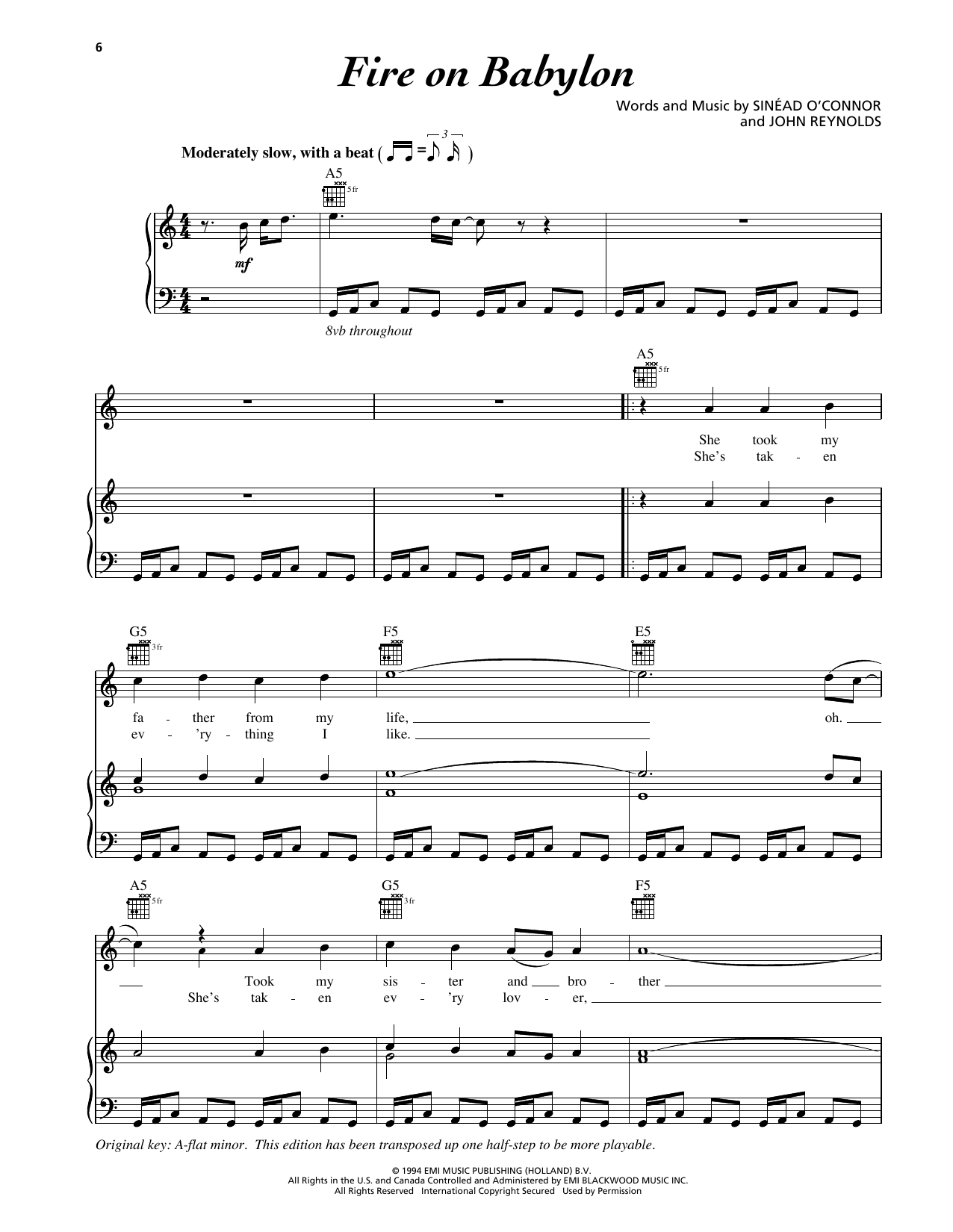 Download Sinead O'Connor Fire On Babylon Sheet Music and learn how to play Piano, Vocal & Guitar Chords (Right-Hand Melody) PDF digital score in minutes