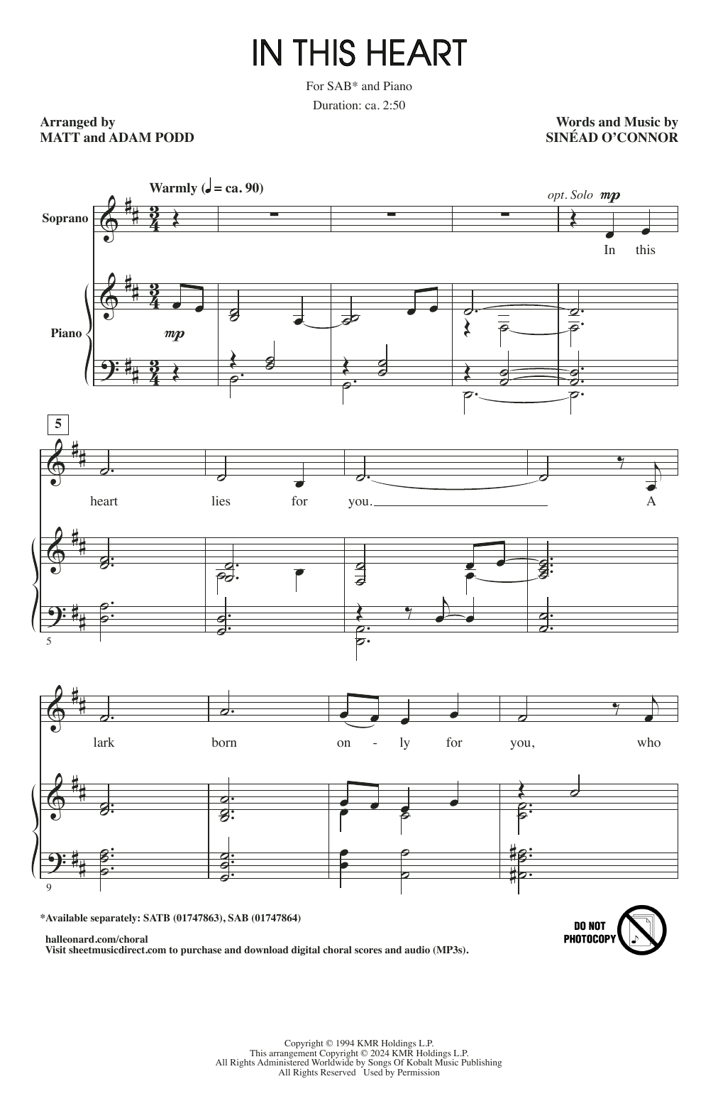 Download Sinéad O'Connor In This Heart (arr. Matt and Adam Podd) Sheet Music and learn how to play SAB Choir PDF digital score in minutes