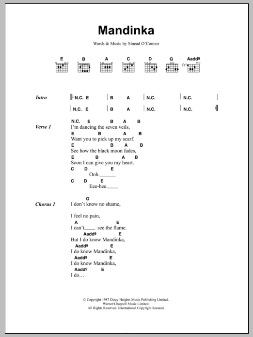 Download Sinead O'Connor Mandinka Sheet Music and learn how to play Lyrics & Chords PDF digital score in minutes