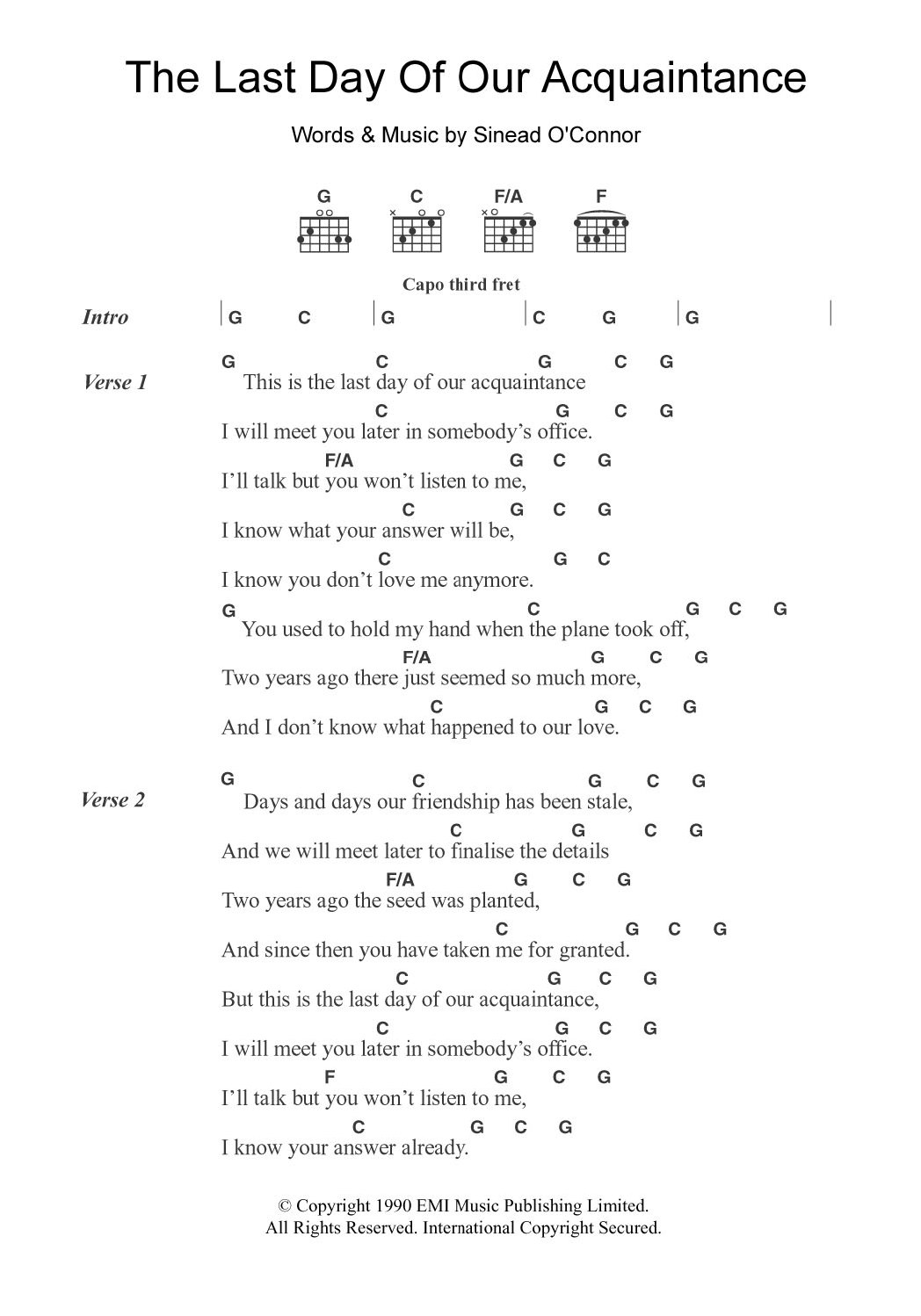 Download Sinead O'Connor The Last Day Of Our Acquaintance Sheet Music and learn how to play Lyrics & Chords PDF digital score in minutes