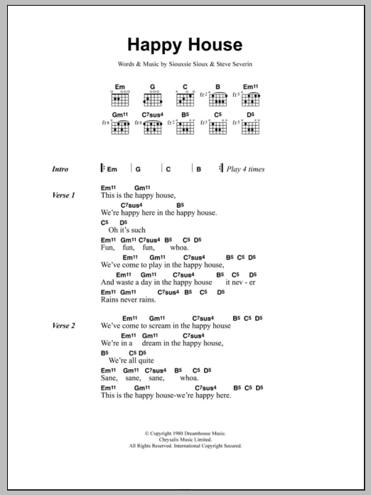 Download Siouxsie & The Banshees Happy House Sheet Music and learn how to play Lyrics & Chords PDF digital score in minutes