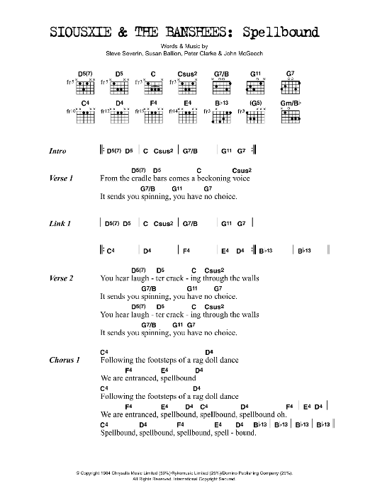 Download Siouxsie & The Banshees Spellbound Sheet Music and learn how to play Lyrics & Chords PDF digital score in minutes