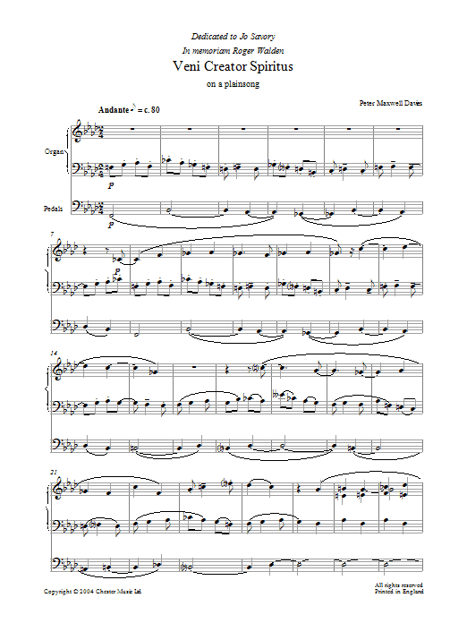 Download Peter Maxwell Davies Veni Creator Spiritus Sheet Music and learn how to play Piano PDF digital score in minutes