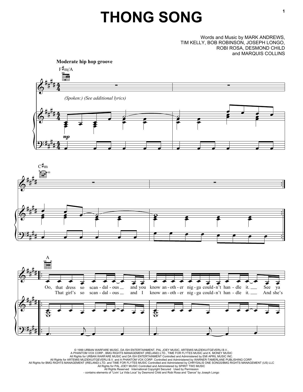 Download Sisqo Thong Song Sheet Music and learn how to play Piano, Vocal & Guitar (Right-Hand Melody) PDF digital score in minutes