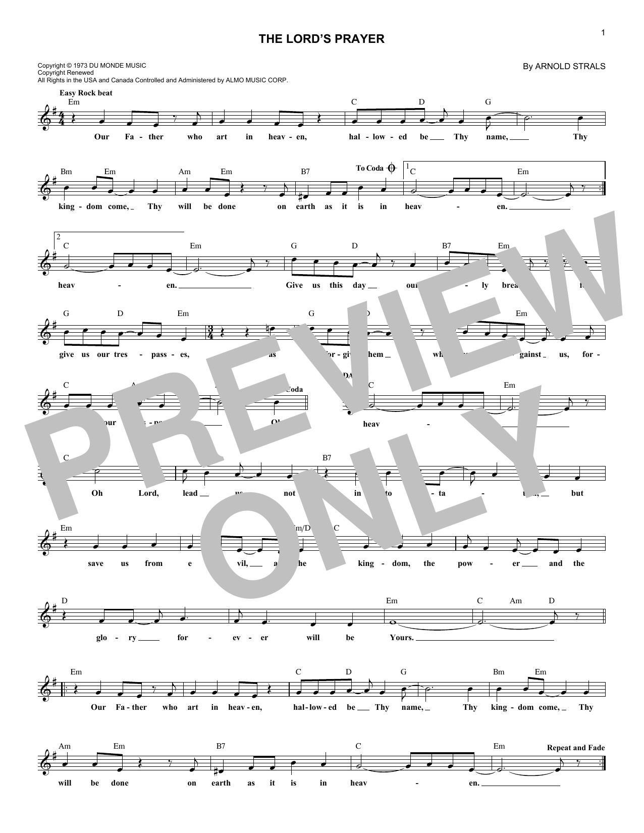 Download Sister Janet Mead The Lord's Prayer Sheet Music and learn how to play Melody Line, Lyrics & Chords PDF digital score in minutes