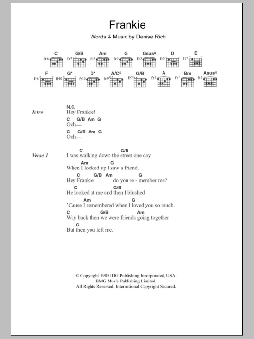 Download Sister Sledge Frankie Sheet Music and learn how to play Lyrics & Chords PDF digital score in minutes