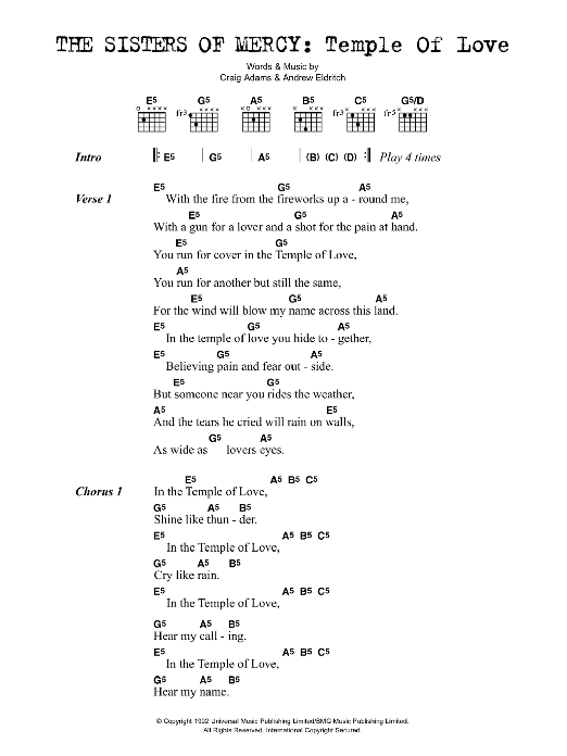 Download The Sisters Of Mercy Temple Of Love Sheet Music and learn how to play Lyrics & Chords PDF digital score in minutes