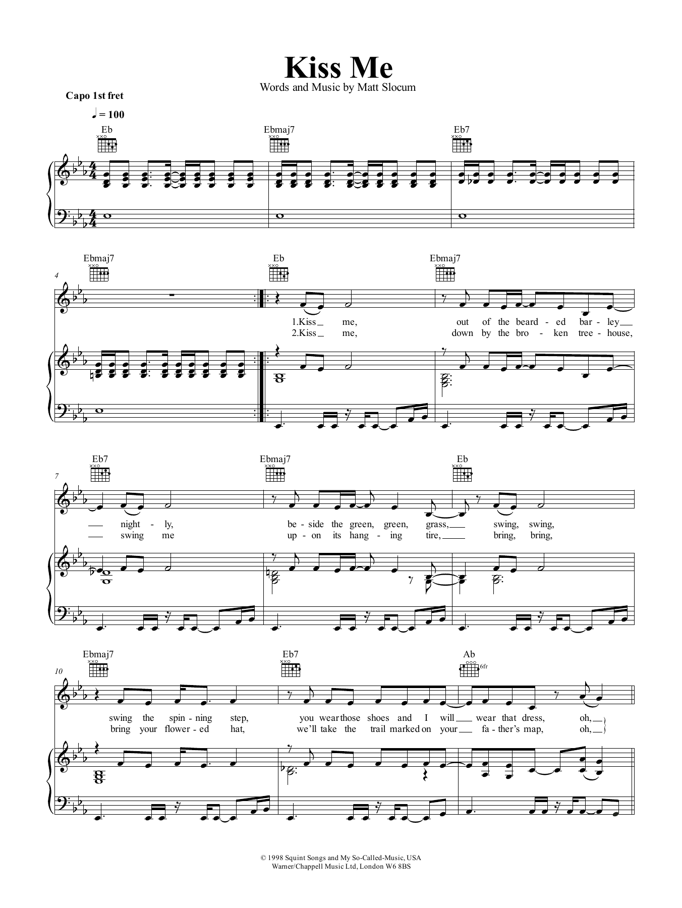 Download Sixpence None The Richer Kiss Me Sheet Music and learn how to play Piano, Vocal & Guitar Chords (Right-Hand Melody) PDF digital score in minutes