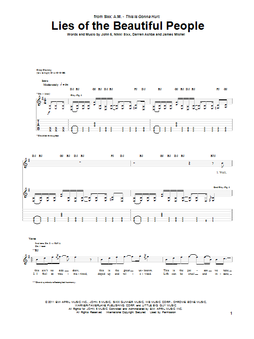 Download Sixx A.M. Lies Of The Beautiful People Sheet Music and learn how to play Guitar Tab PDF digital score in minutes