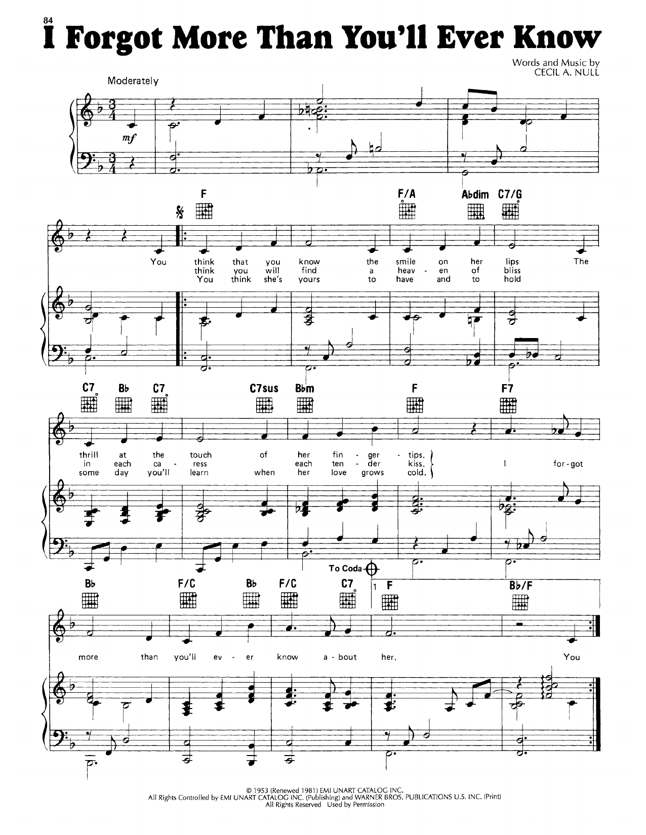 Download Skeeter Davis I Forgot More Than You'll Ever Know Sheet Music and learn how to play Piano, Vocal & Guitar Chords (Right-Hand Melody) PDF digital score in minutes