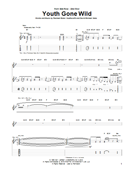 Download Skid Row Youth Gone Wild Sheet Music and learn how to play Guitar Tab PDF digital score in minutes