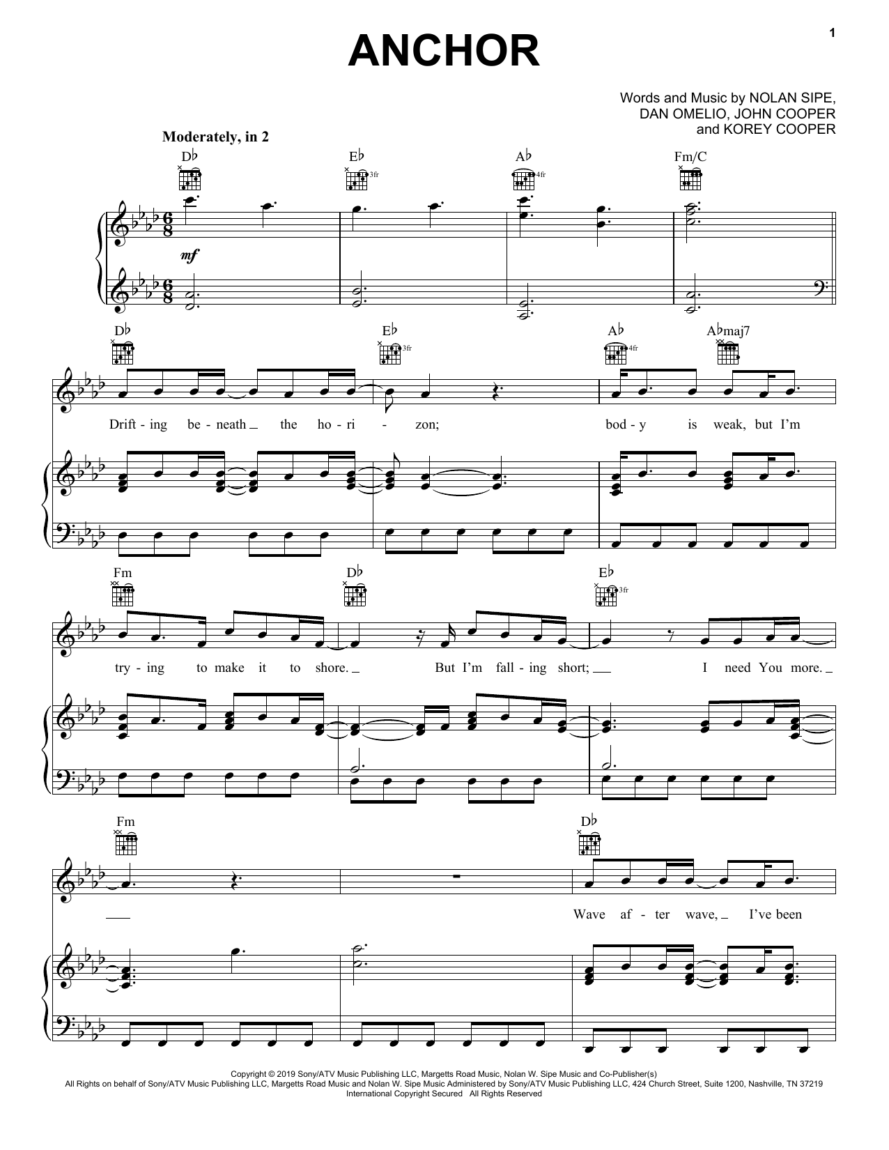 Download Skillet Anchor Sheet Music and learn how to play Piano, Vocal & Guitar Chords (Right-Hand Melody) PDF digital score in minutes