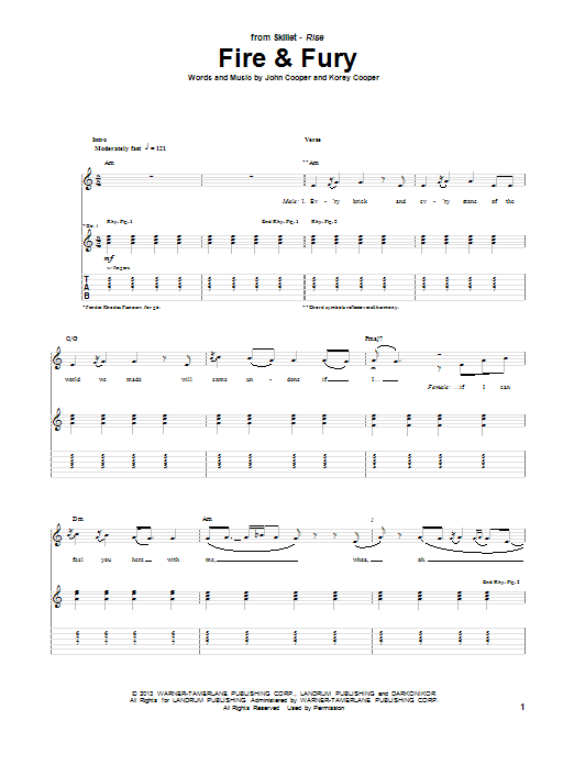 Download Skillet Fire & Fury Sheet Music and learn how to play Guitar Tab PDF digital score in minutes