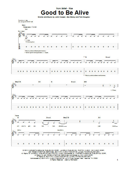 Download Skillet Good To Be Alive Sheet Music and learn how to play Guitar Tab PDF digital score in minutes