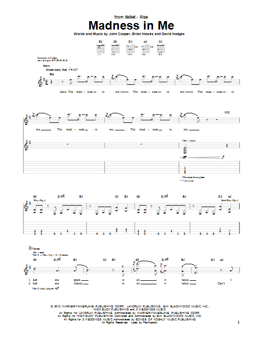 Download Skillet Madness In Me Sheet Music and learn how to play Guitar Tab PDF digital score in minutes